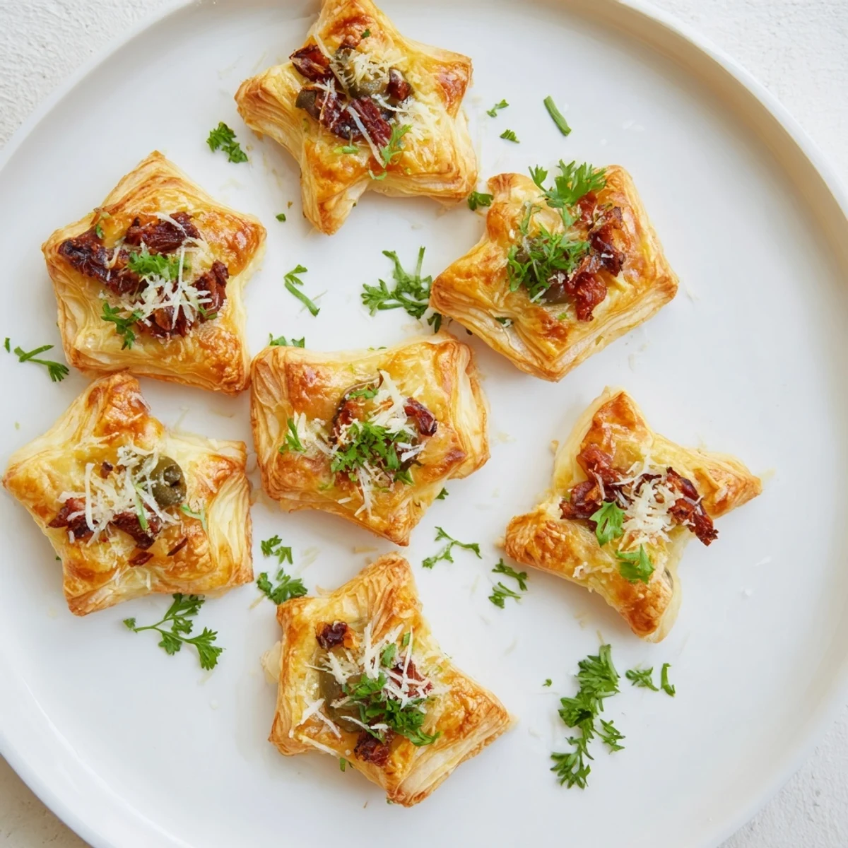 Golden Olive and Sundried Tomato Star Garland, a beautifully baked appetizer, ready to serve and enjoy.