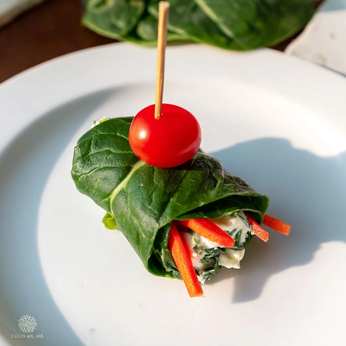 Freshly made Holly Leaf Spinach Wraps with a colorful filling of carrots and red bell pepper.