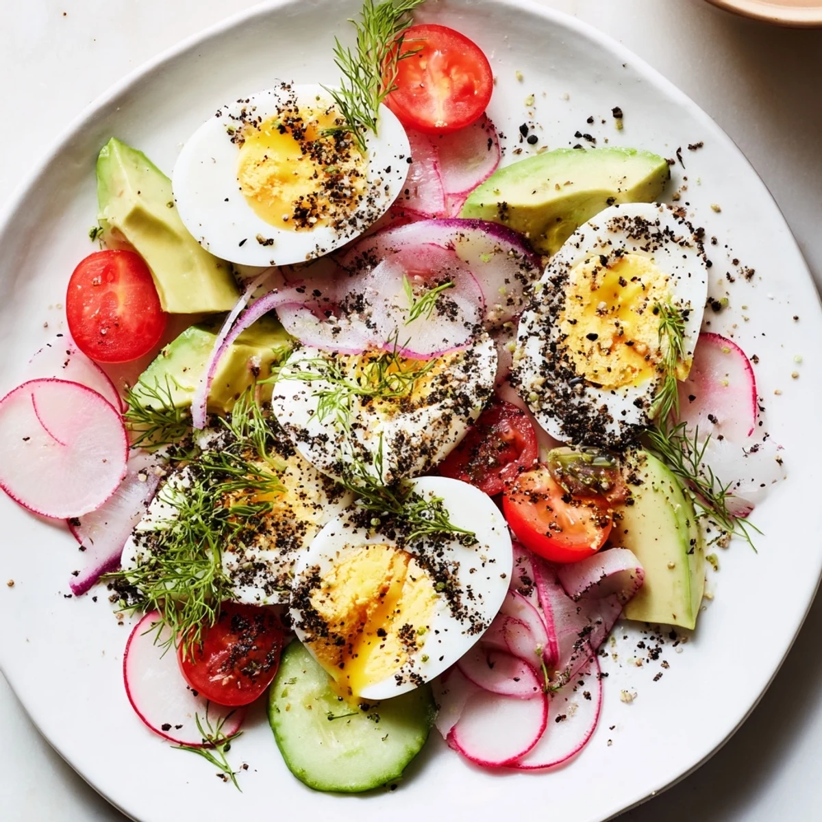 Brunch Board: Sliced hard-boiled eggs gleaming, generously seasoned, surrounded by fresh, colorful brunch fare.