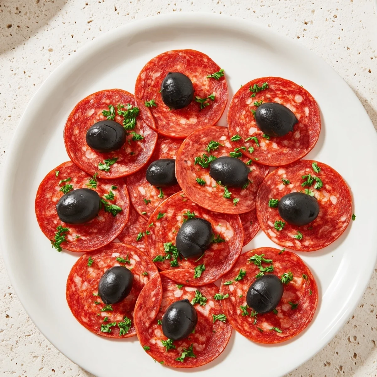 Sliced pepperoni and olive halves appetizer, showcasing juicy pepperoni and salty olive halves.