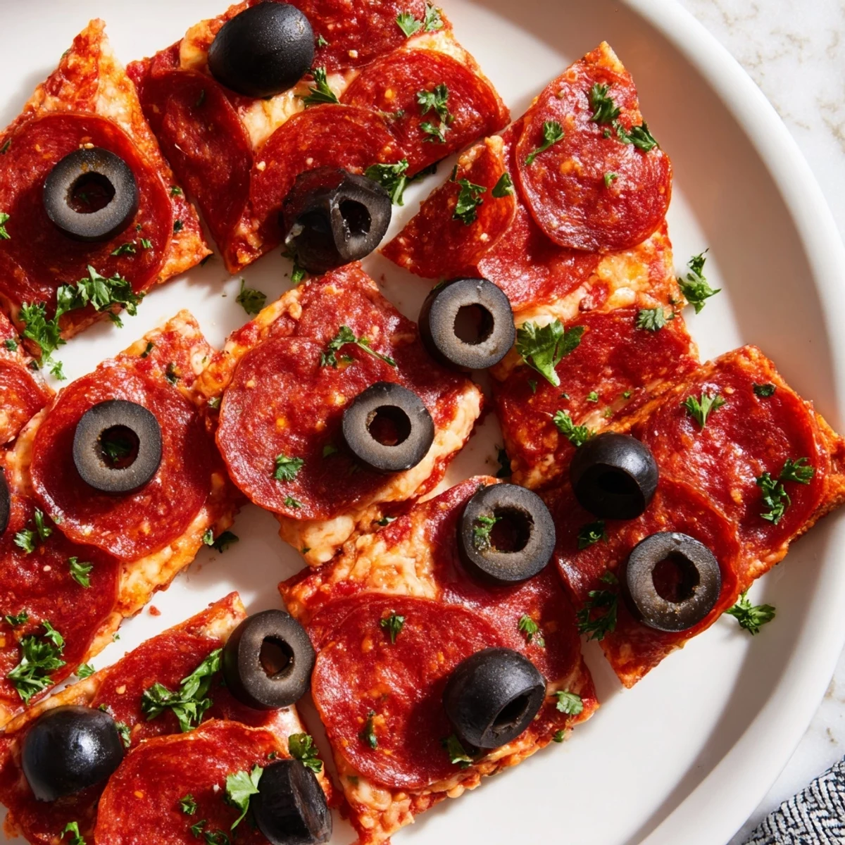 Vibrant photo: sliced pepperoni and olive halves arranged beautifully for a speedy snack.