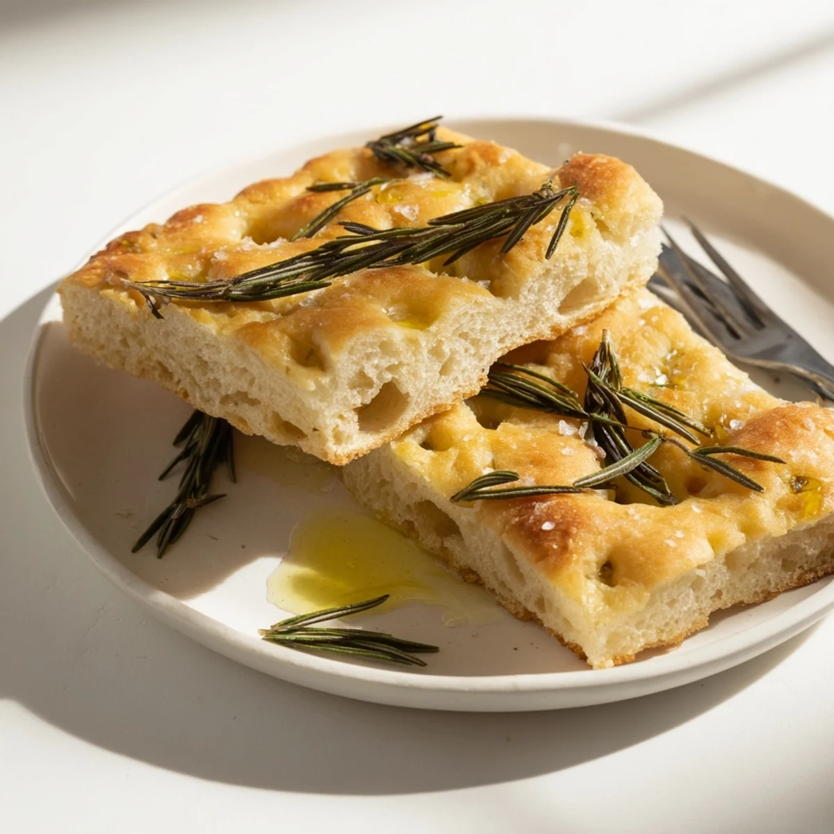Warm, freshly baked Holiday Bread focaccia, with dimpled surface, ready to eat alongside meals.
