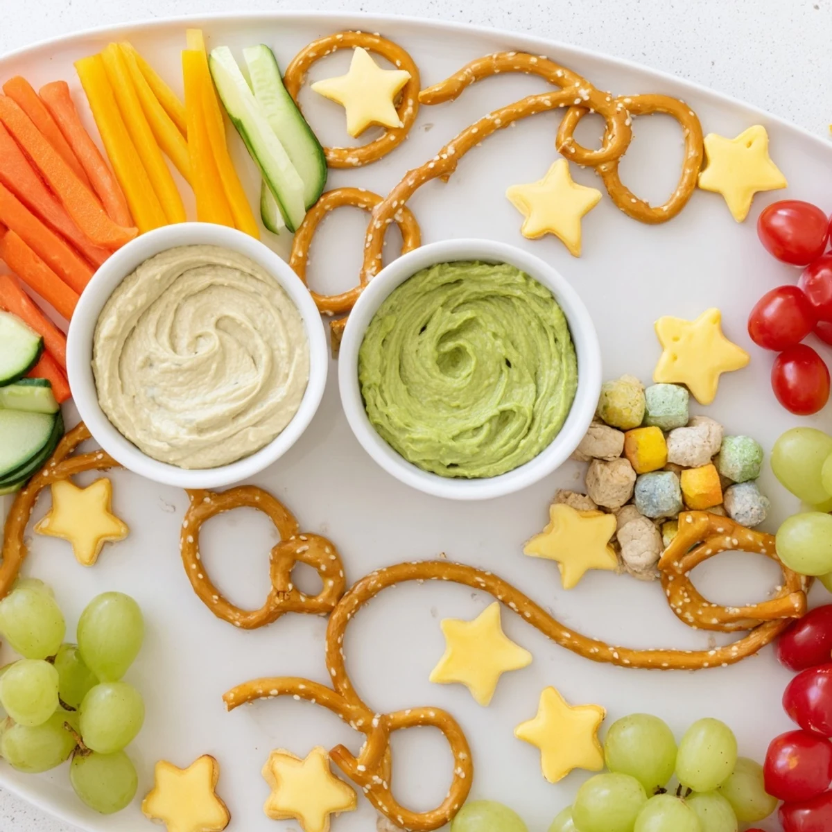 Kids Snack Adventure Map: a colorful platter showing pretzel paths leading to dips and cheese shapes.