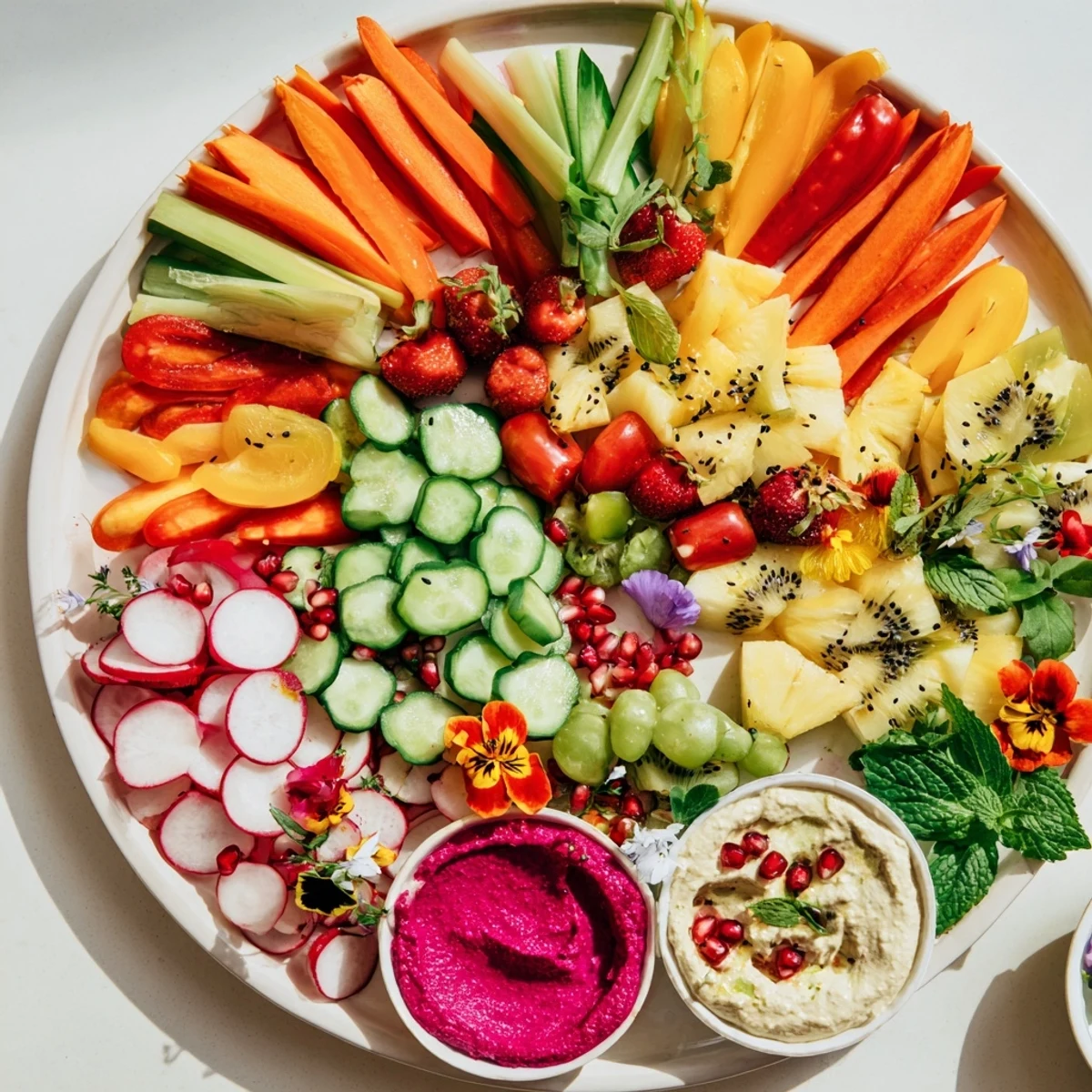 Vibrant Vegan Global Gardener Platter: See fresh fruits, veggies, dips, ready for a healthy snack spread.