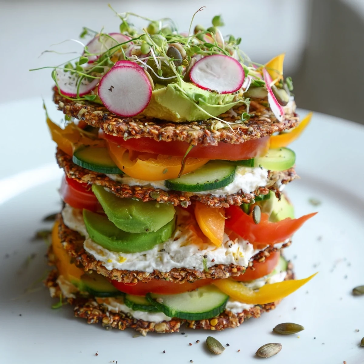 A visually enticing gluten-free gourmet tower, layered with colorful vegetables and creamy spreads, ready to serve.