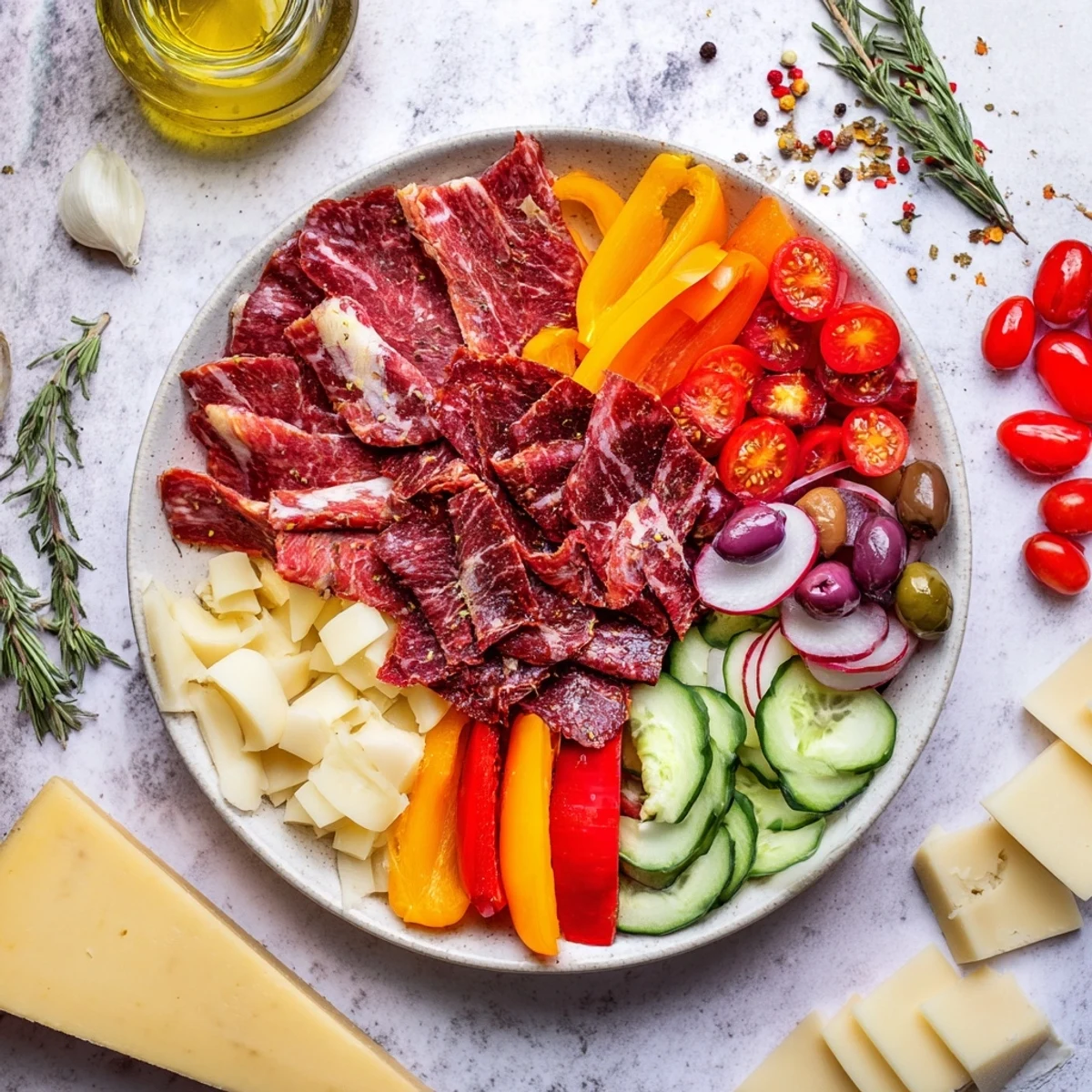 This Keto Power Plate features salami, cheddar, and cherry tomatoes, perfectly arranged for a keto meal.