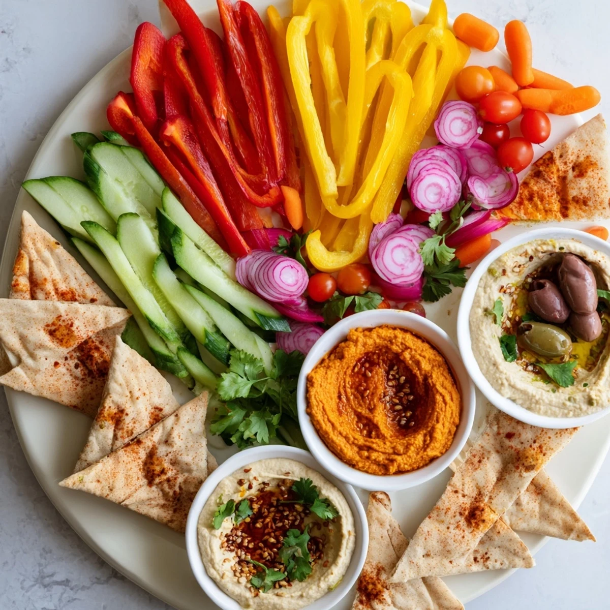Vibrant The Moroccan Tent appetizer, a feast of colorful veggies, dips, and warm flatbreads ready to enjoy.
