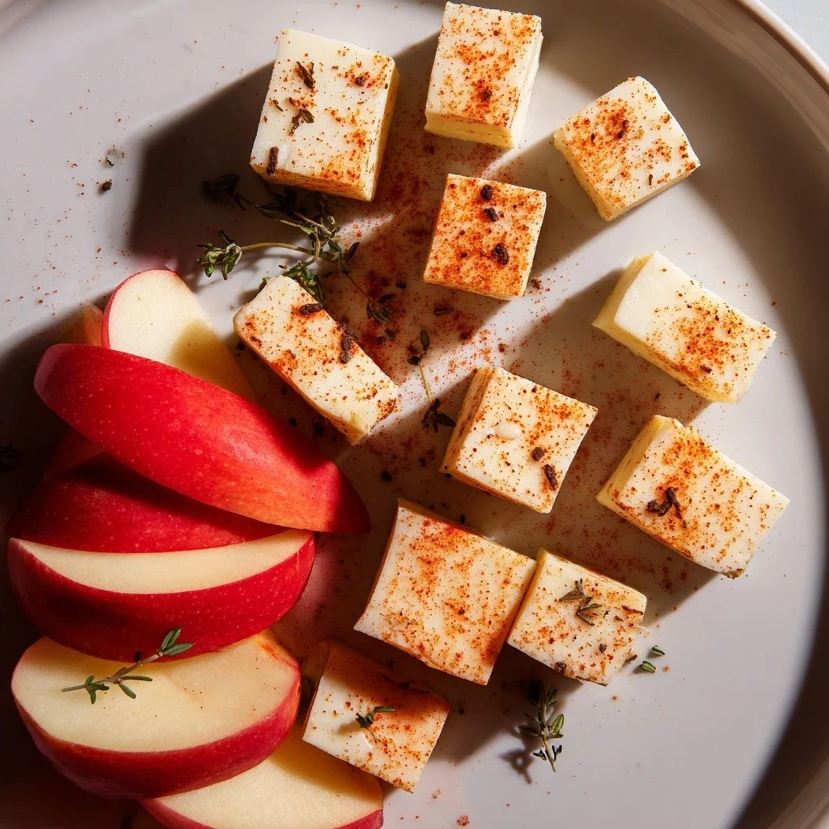 The Autumn Ember appetizer showcases paprika-dusted cheeses around vibrant red apple wedges.