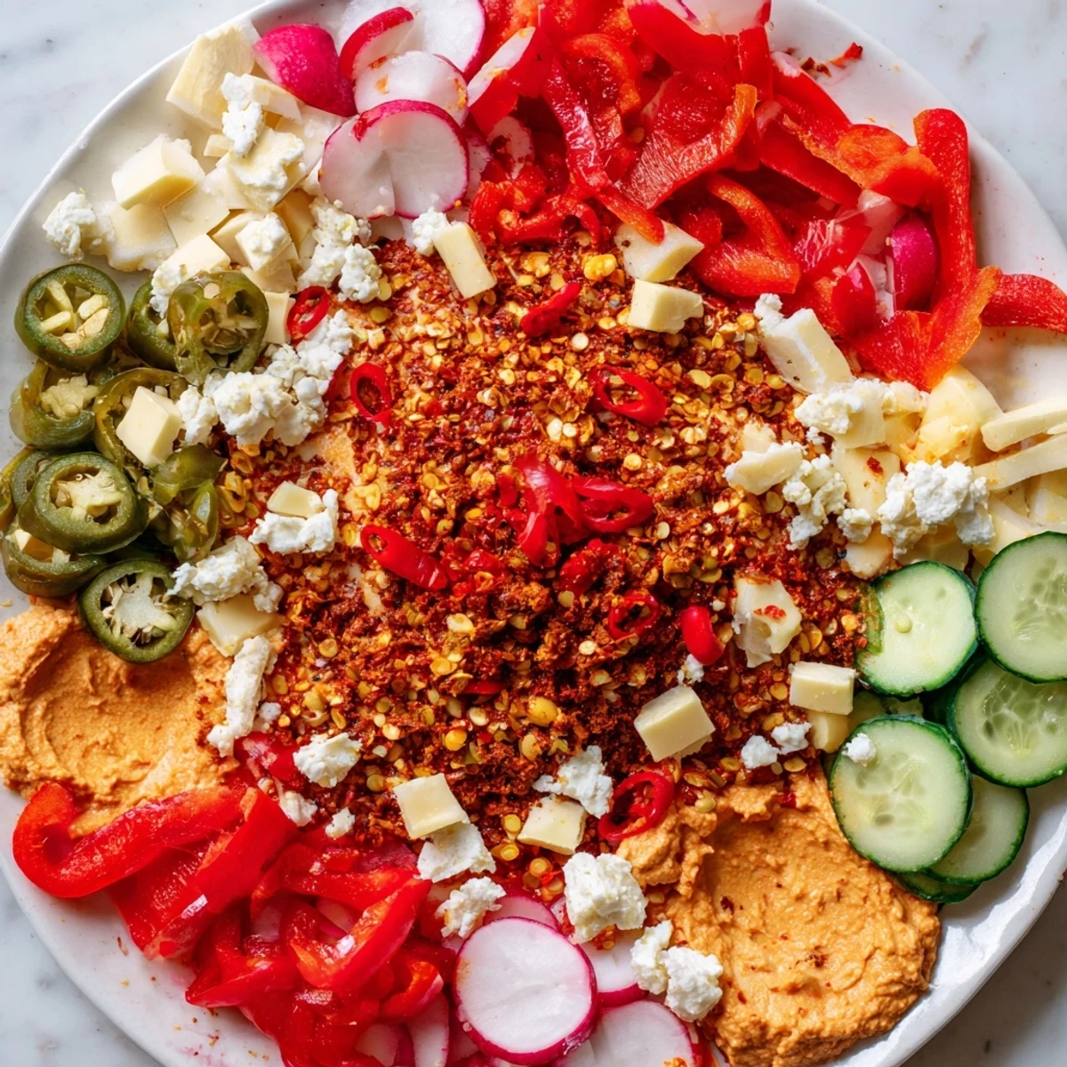 A vibrant The Spicy Hot Take Platter offers a flavor explosion, featuring spicy ingredients and delicious elements.