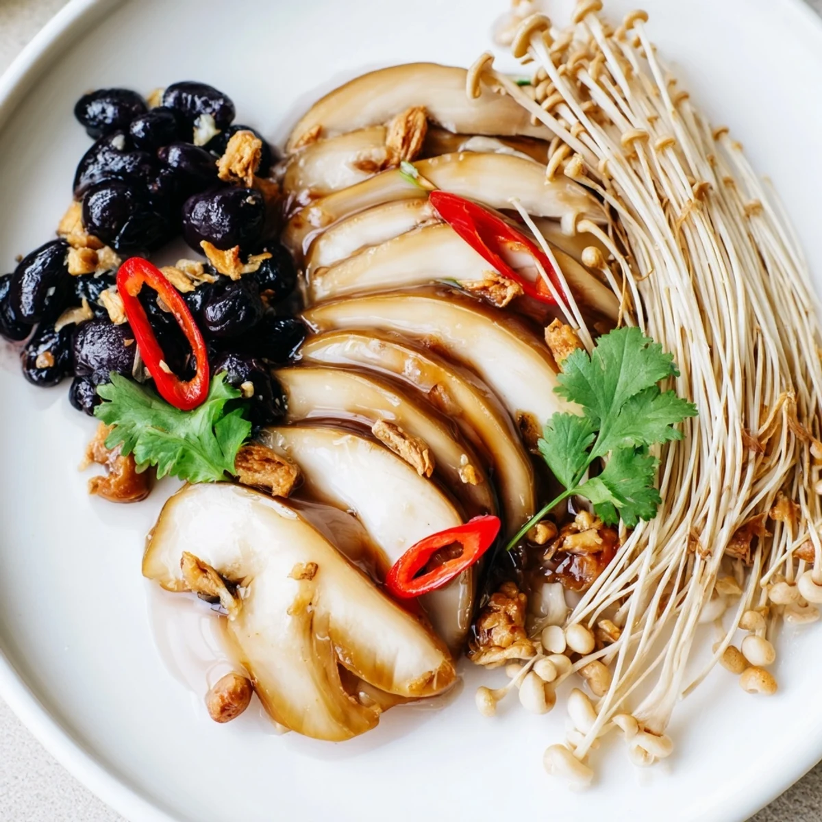 Umami Bomb Asian Delight arranged with sauteed mushrooms and savory dipping sauces, perfect for sharing.