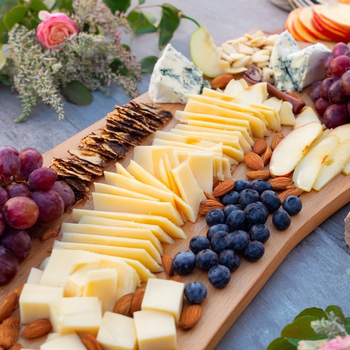 Appetizing Yin-Yang Balance cheese board: a beautiful spread with blackberries, cheeses, and fruit.