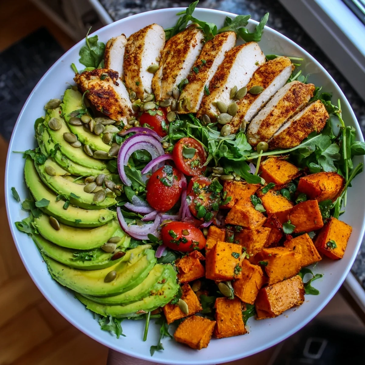 Grilled Avocado and Sweet Potato Chicken Bowl with vibrant colors and drizzled hot honey.
