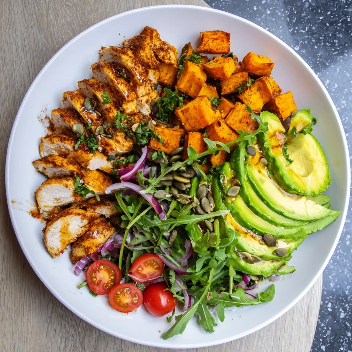 Perfectly sliced avocado tops this healthy Avocado and Sweet Potato Chicken Bowl with roasted sweet potatoes.