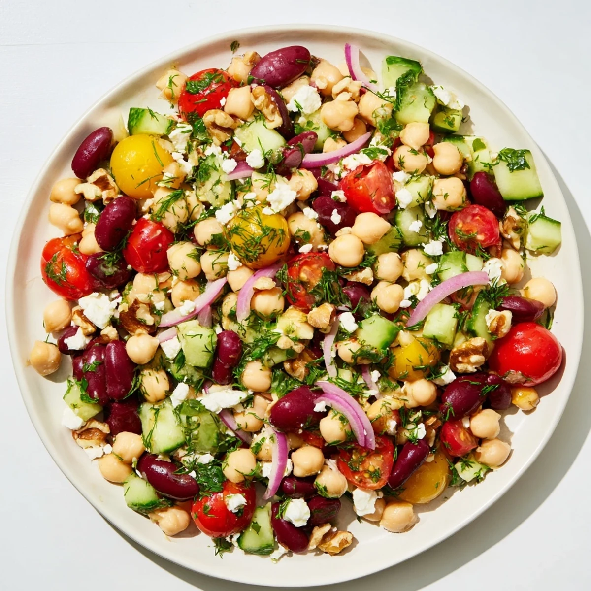 A visually appetizing bowl of Dense Bean Salad, featuring mixed beans and fresh cherry tomatoes.