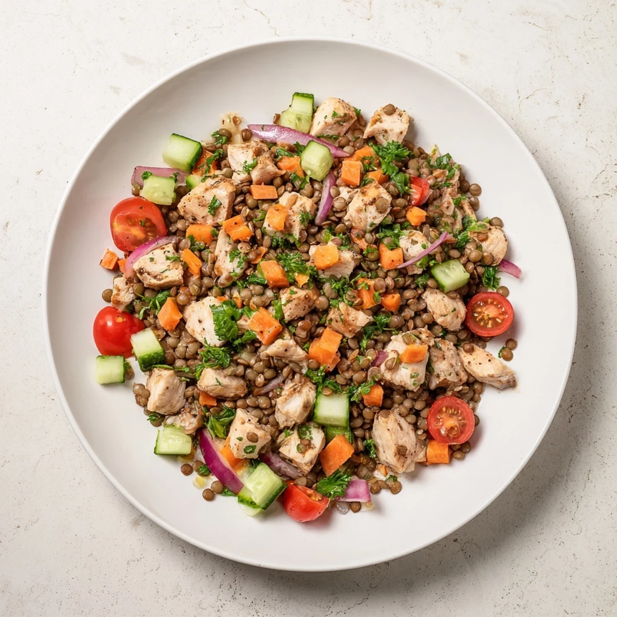 Enjoy a bowl of delicious Chicken and Lentil Recession Salad, with colorful cherry tomatoes and crunchy cucumbers.