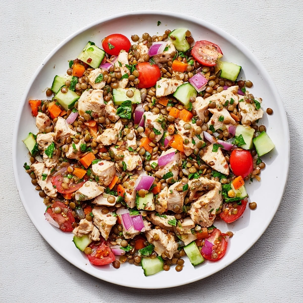 Flavorful Chicken and Lentil Recession Salad, featuring seasoned chicken and lentils, ready to serve and enjoy.
