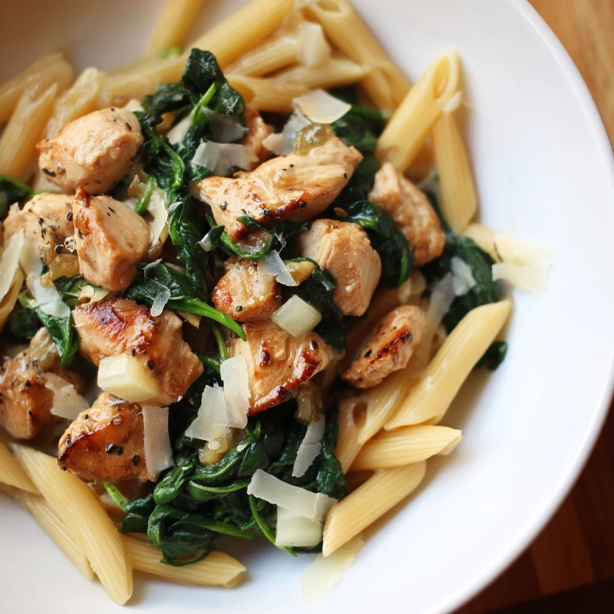 A close-up of delicious One-Pot Spinach and Chicken Pasta with wilted spinach and Parmesan cheese.