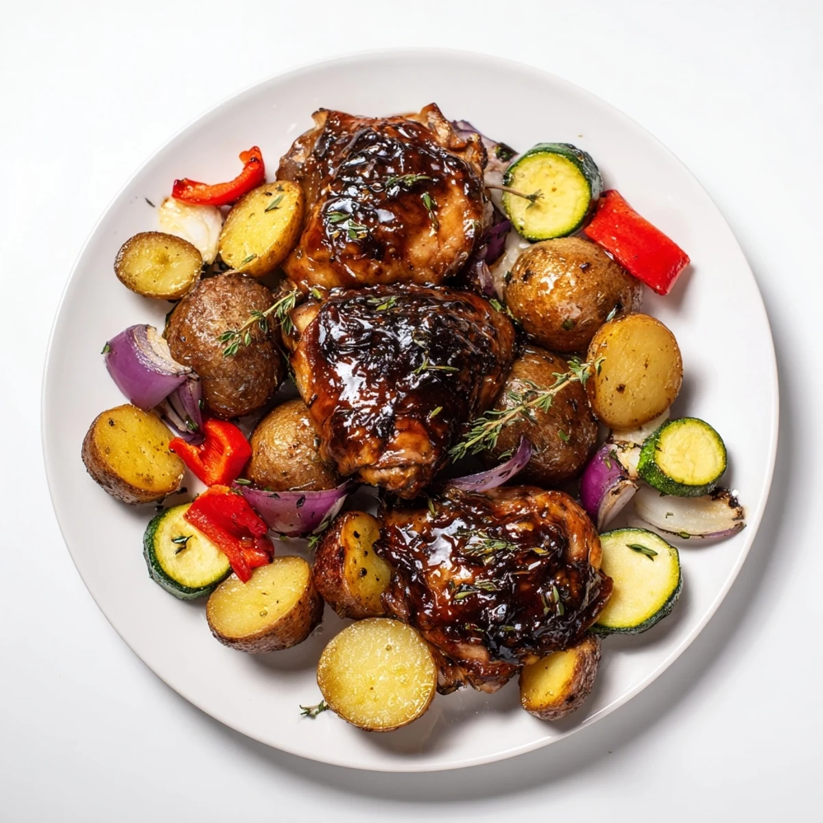 A sheet pan brimming with Black Garlic and Balsamic Chicken, roasted with colorful vegetables and glistening juices.
