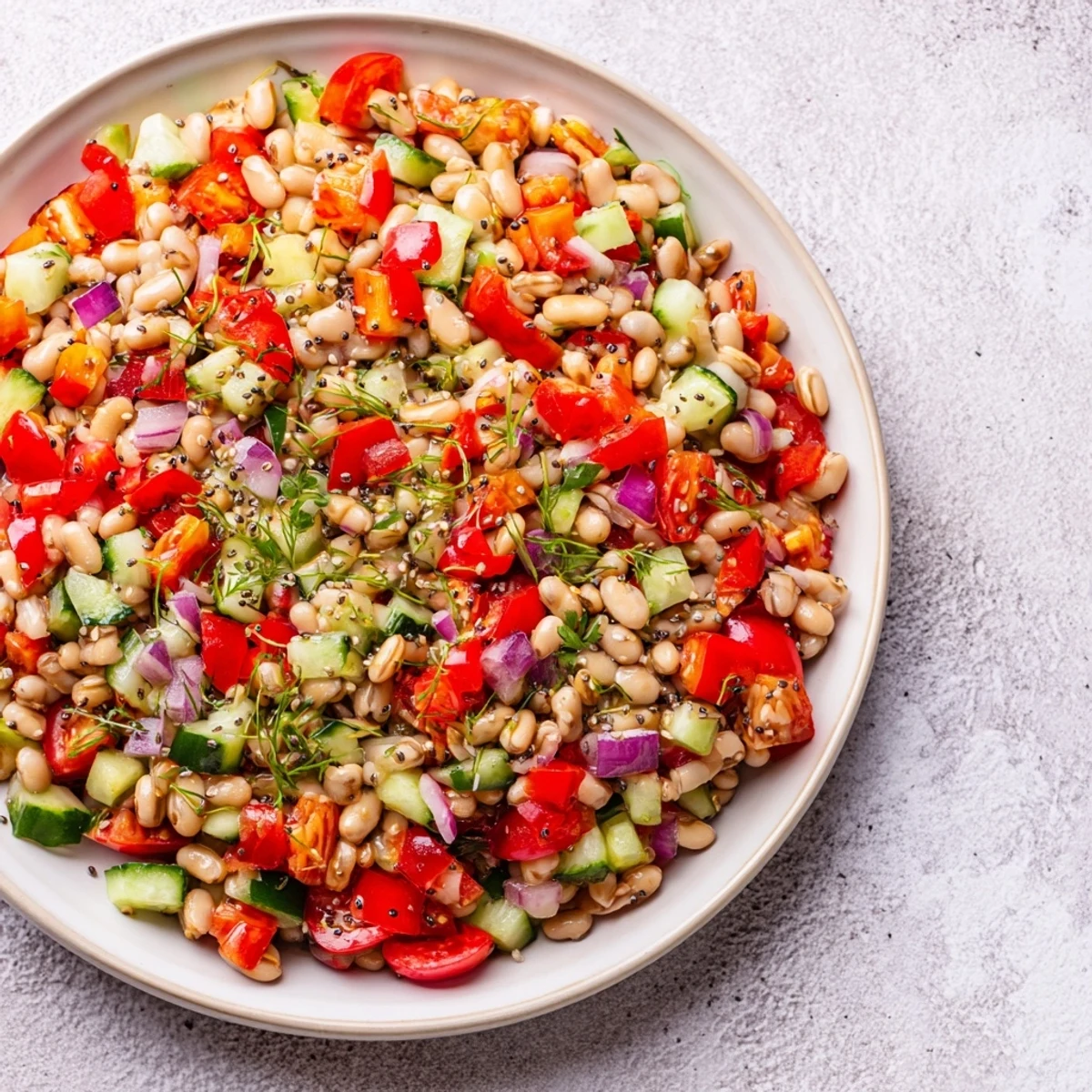 Freshly tossed Dense Bean Salad, featuring a medley of beans ready to be scooped and enjoyed.