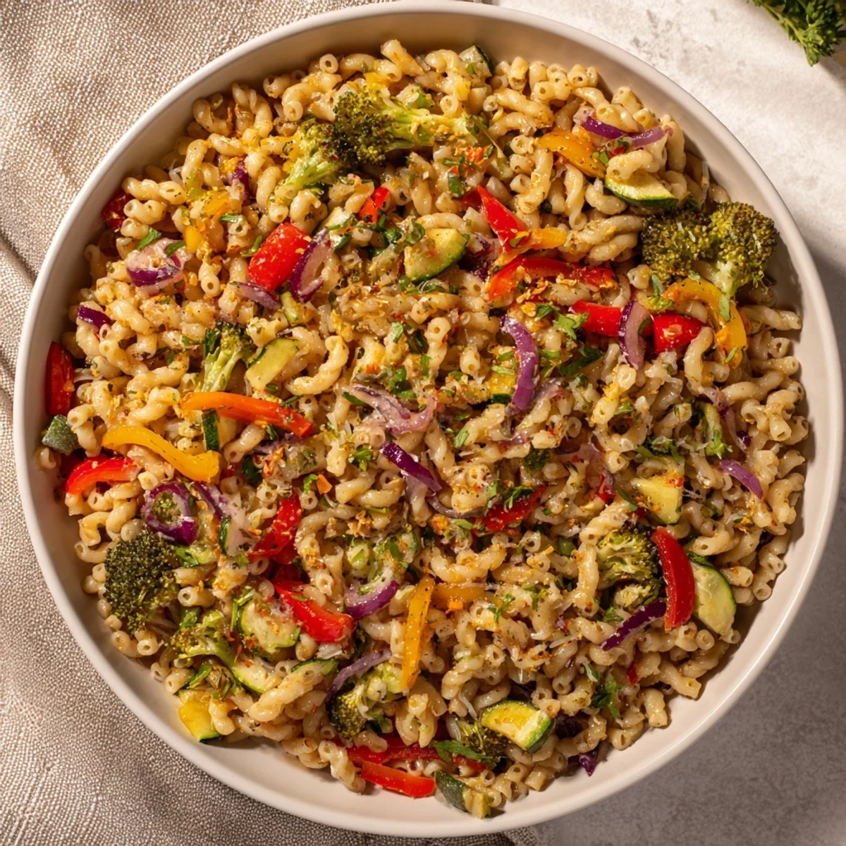 Ditalini with Air-Fried Vegetables features colorful, tender veggies and perfectly cooked pasta, ready to eat.