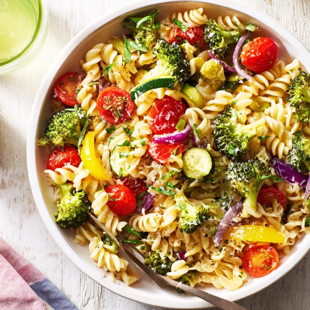 Imagine a bowl of Ditalini with Air-Fried Vegetables: fresh herbs, Parmesan, and juicy tomatoes.