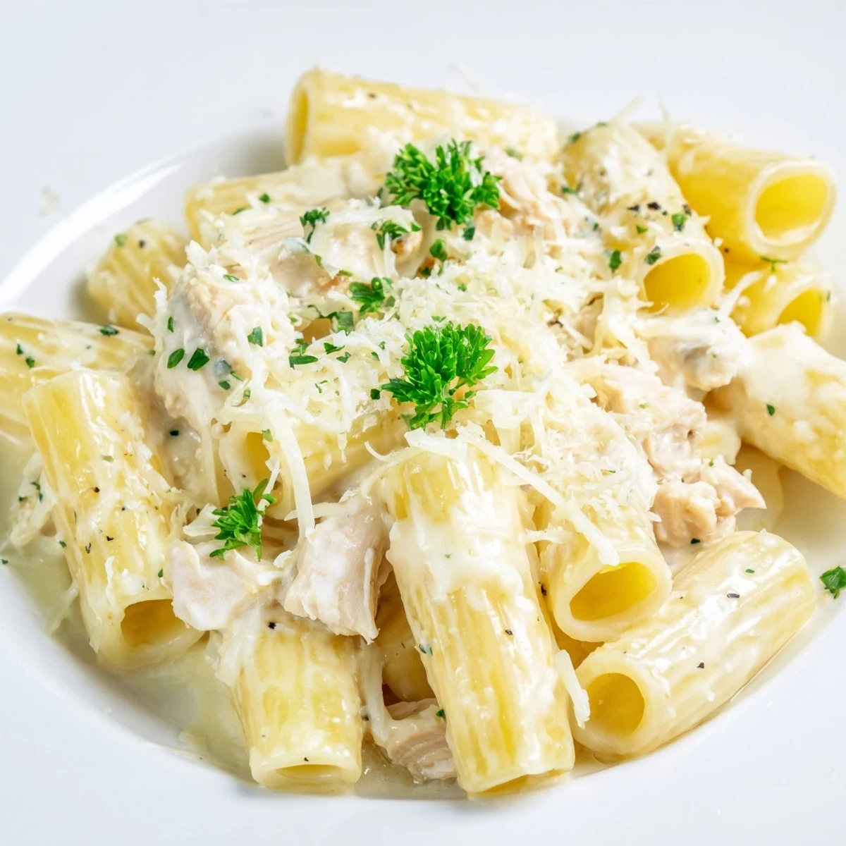 A close-up of a steaming Chicken Alfredo Bake, showing tender chicken and perfectly cooked pasta.