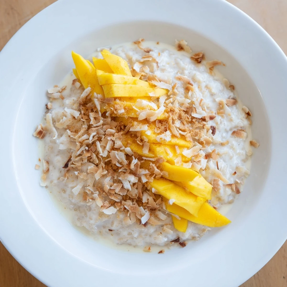 A close-up of steaming Coconut Rice Pudding; the toasted coconut flakes add a delightful crunch.