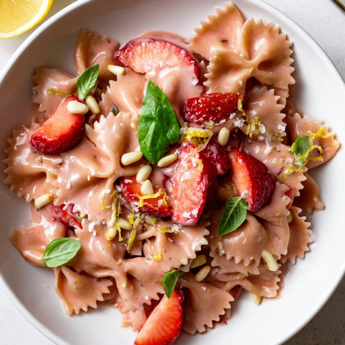 Creamy pink Strawberry Sour Cream Pasta, a delightful summer main dish, plated beautifully.