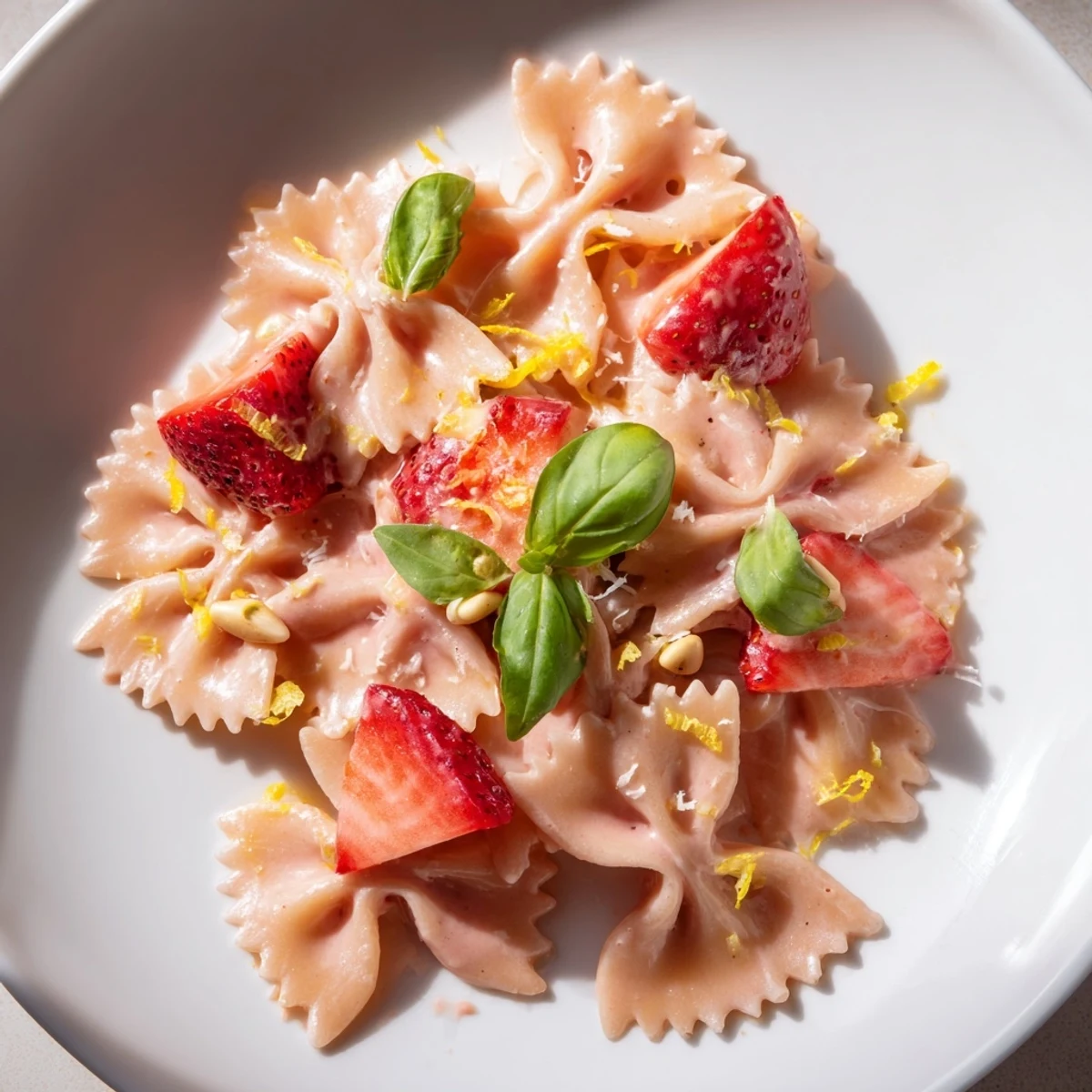 A vibrant bowl of Strawberry Sour Cream Pasta, ready to eat, topped with fresh basil.