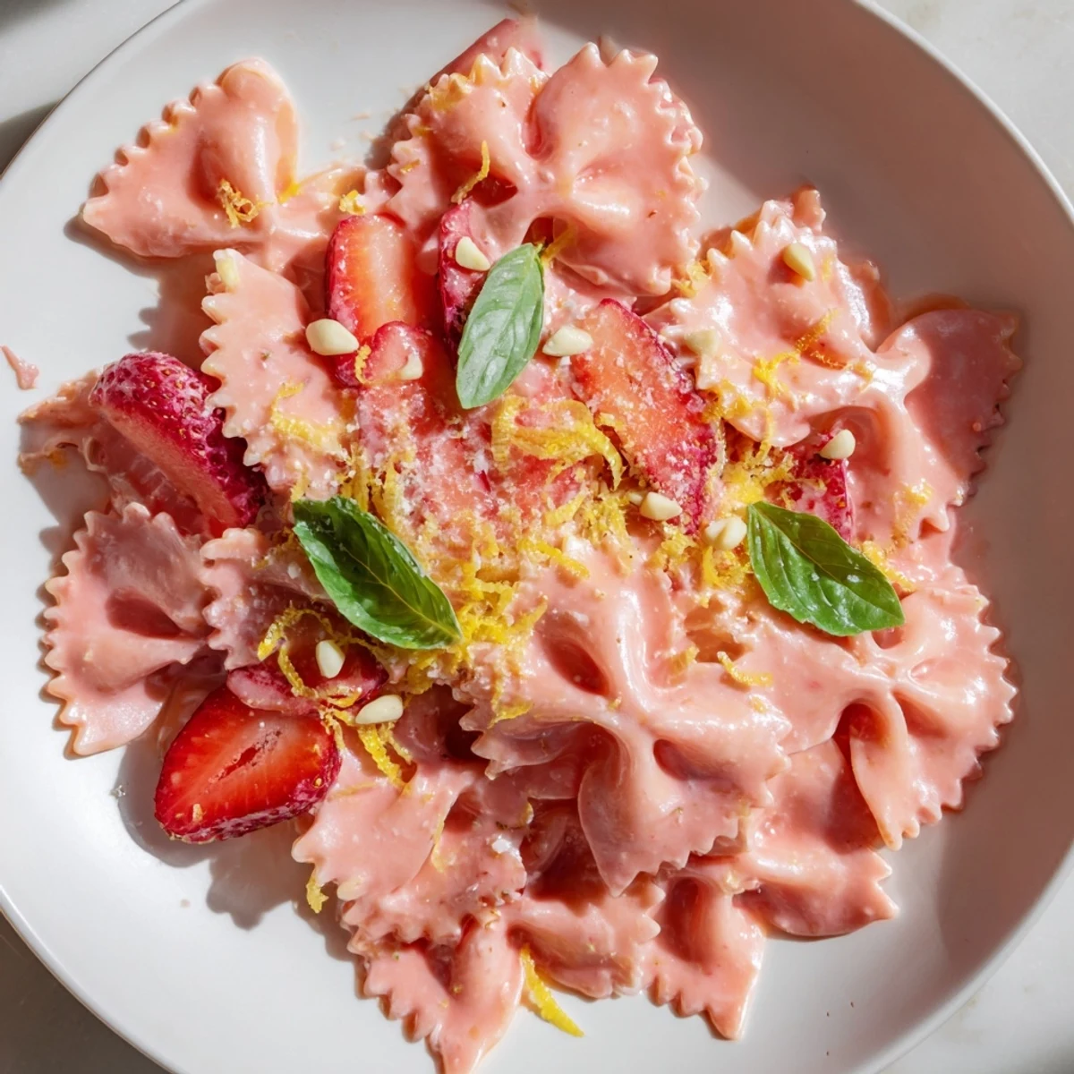 Tender pasta coated in a luscious Strawberry Sour Cream sauce, garnished with basil and pine nuts.