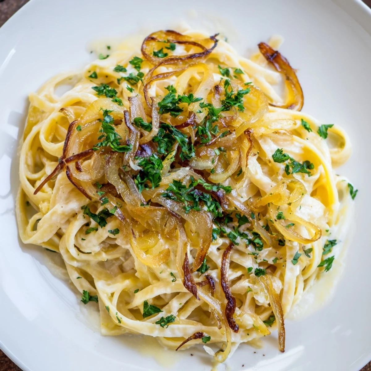 Golden, caramelized onions topping a bowl of One-Pot French Onion Pasta, ready to serve.