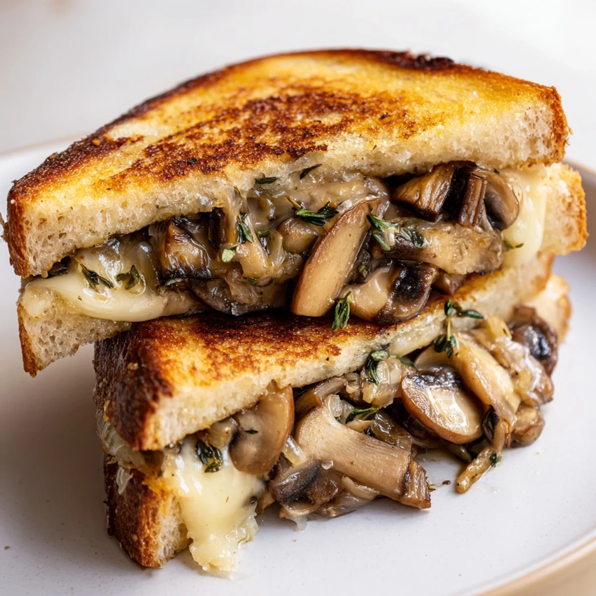 Creamy mushroom grilled cheese dripping with melted cheese, a savory and comforting lunch option.