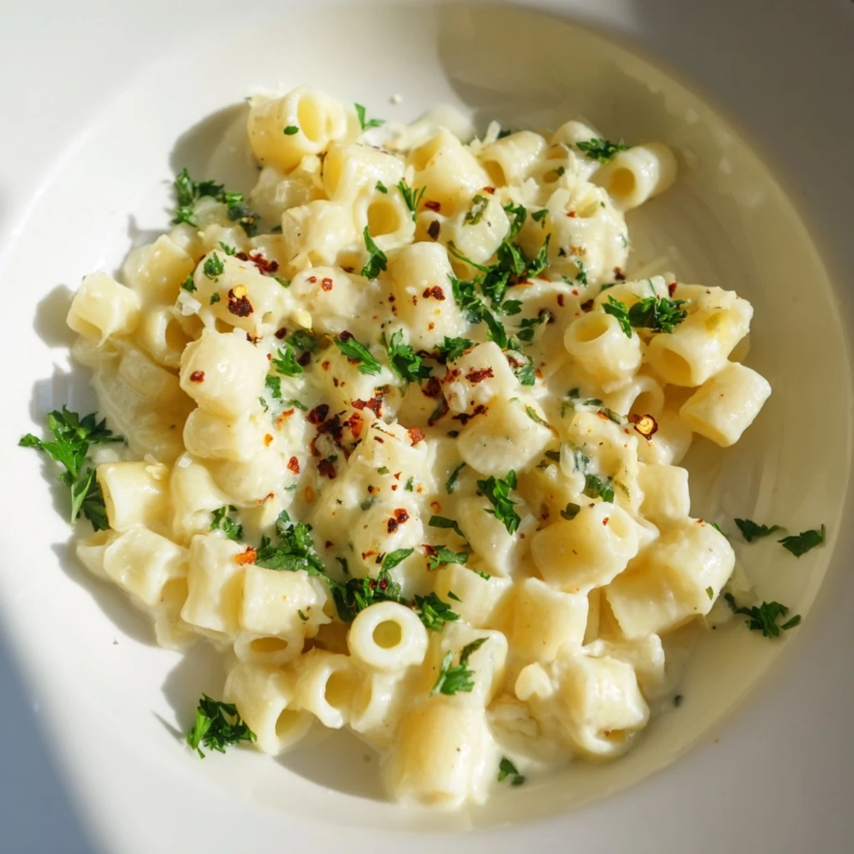 A close-up shot of the savory ditalini pasta, coated in a luscious, creamy garlic sauce.