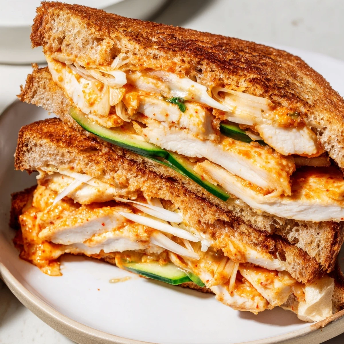 A close-up of a Gochujang Mayo Chicken Sandwich grilled cheese, oozing cheesy goodness.