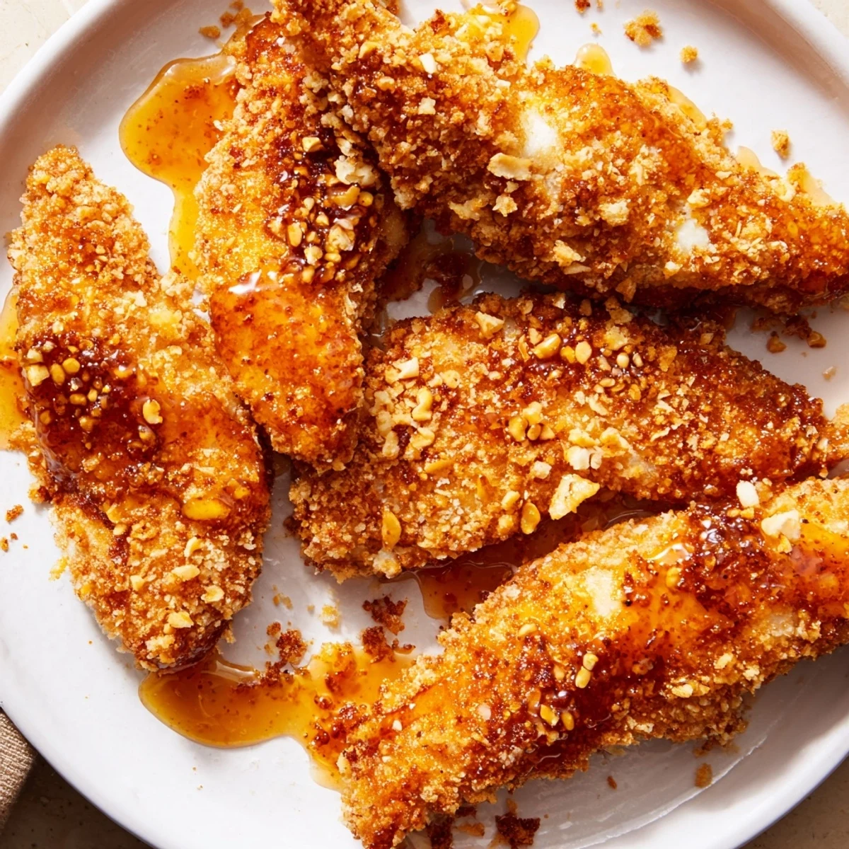 Golden-brown crispy panko-crusted chicken tenders, drizzled with sweet and spicy hot honey, perfect for a satisfying meal.