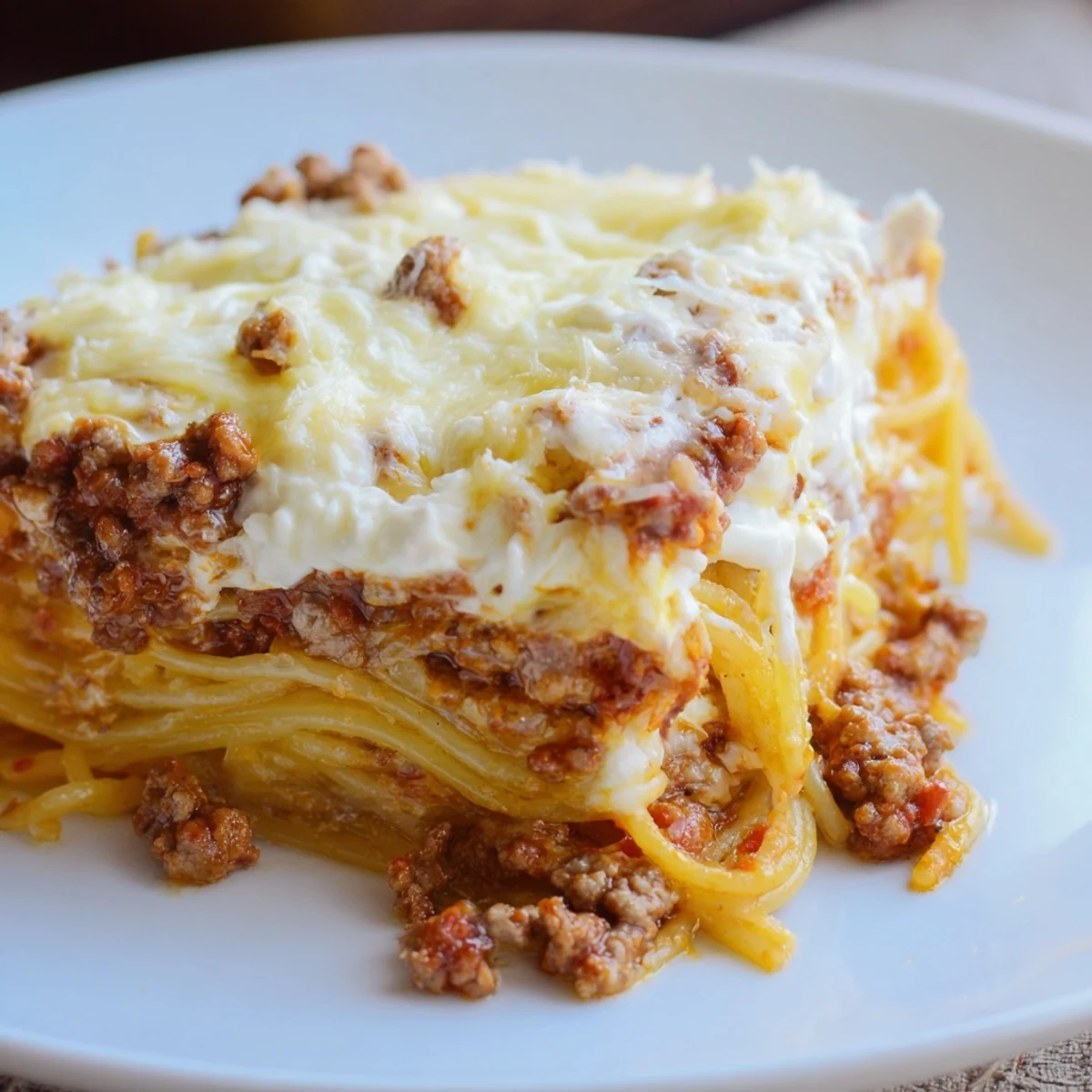 Golden, bubbly baked Million Dollar Spaghetti, a hearty casserole with melted cheese and rich meat sauce.