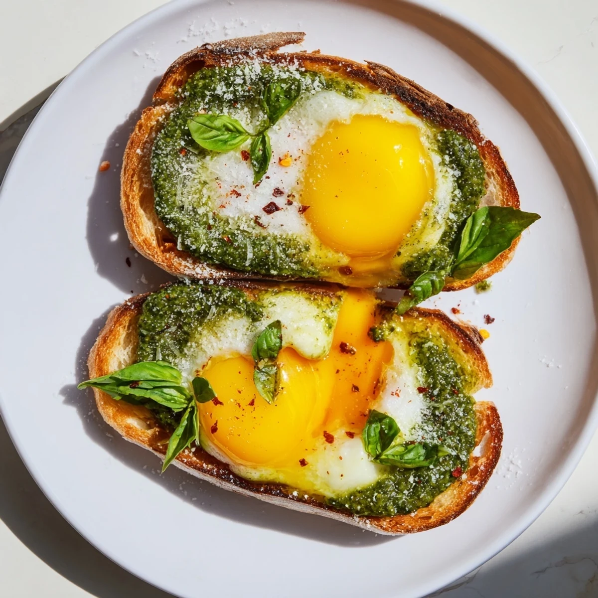 Fresh basil pesto and jammy egg halves create a delicious Pesto Egg Toast brunch plate.