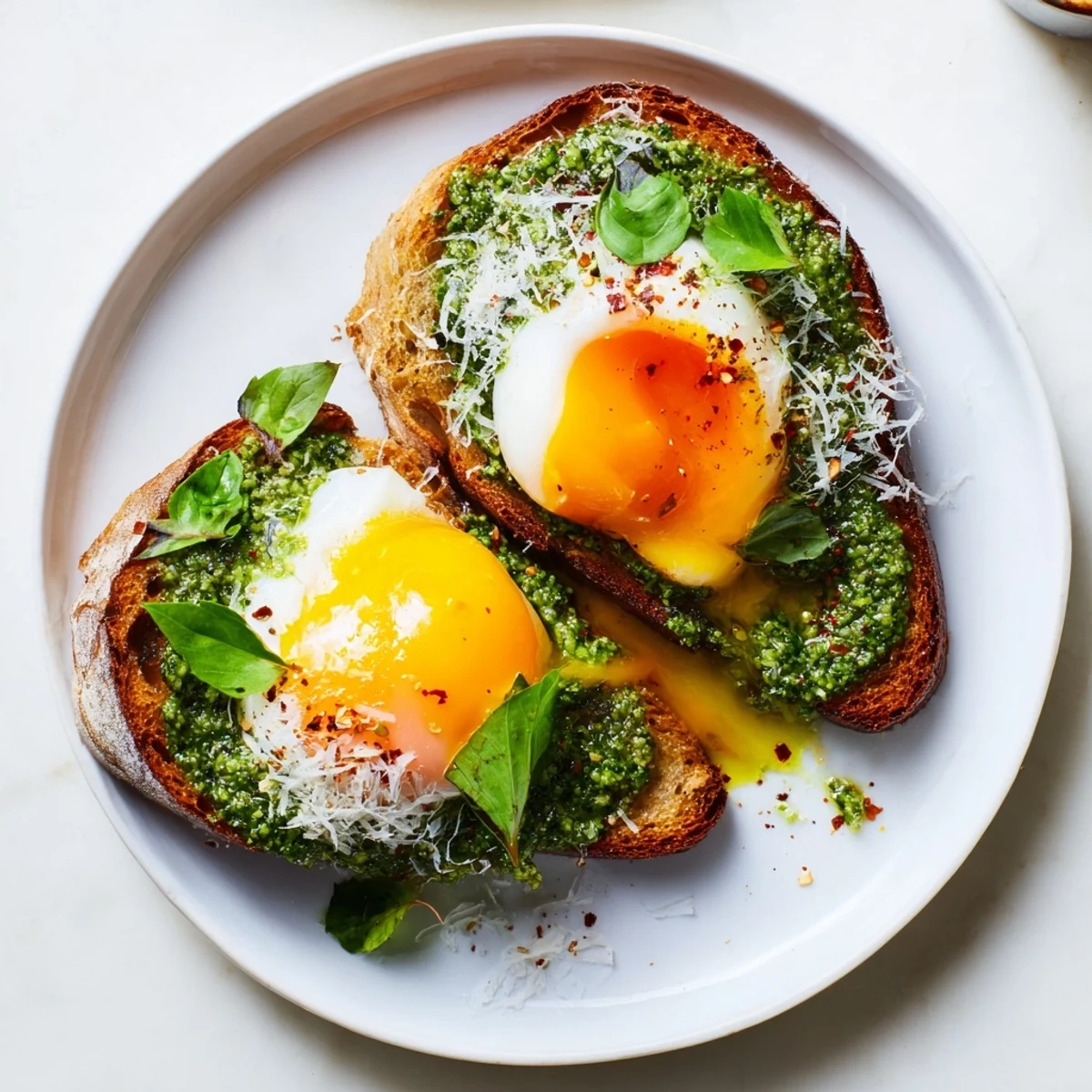 Crispy toast with vibrant green pesto and perfectly cooked eggs: a tasty Pesto Egg Toast recipe.
