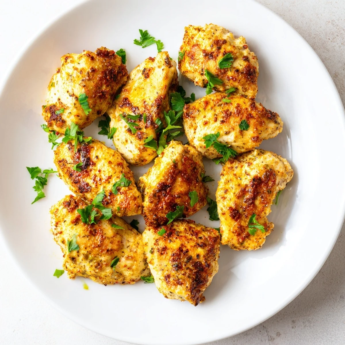 Golden-brown Greek yogurt chicken, baked to tender perfection, served with fresh parsley and lemon wedges.