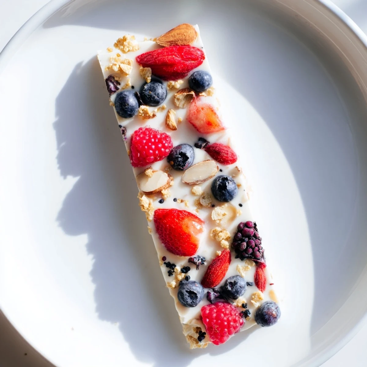 Vibrant frozen fruit yogurt bark with colorful berries and crunchy granola, a refreshing treat.