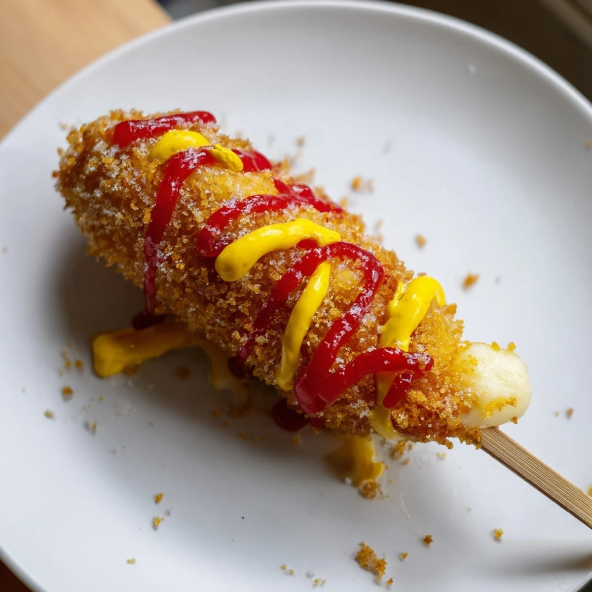 A close-up of a delightful Cheesy Korean Corn Dog, showing a beautiful cheese pull when you take a bite.