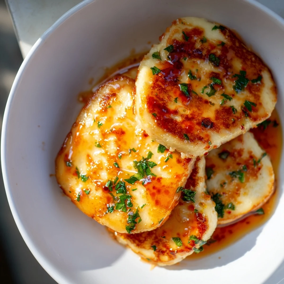 Drizzled hot honey coats beautifully fried halloumi cheese, a perfect Mediterranean appetizer.