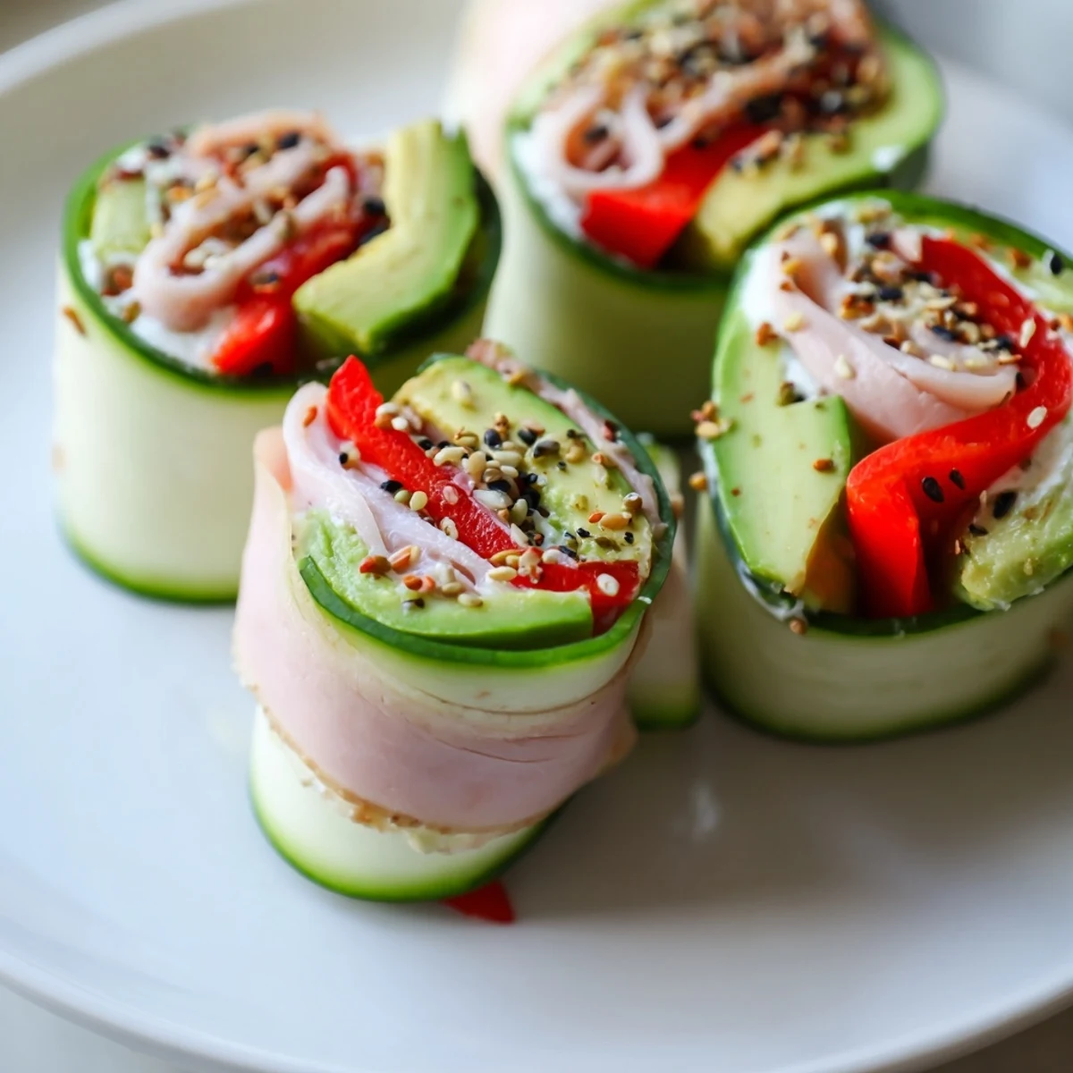 Freshly rolled Cucumber Roll-Ups with visible deli meat, creamy filling, and vibrant green cucumber.