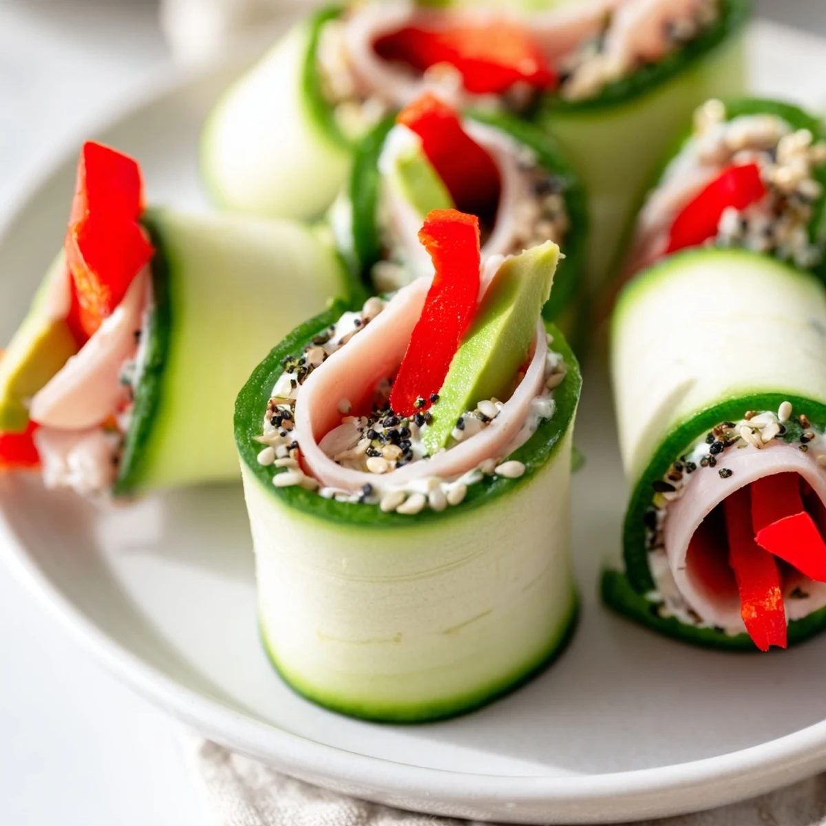 Ready-to-eat Cucumber Roll-Ups: a refreshing, gluten-free snack with visible herbs, and savory deli meat.