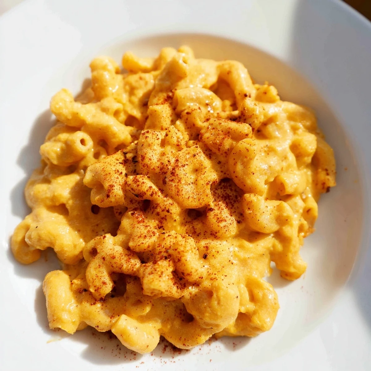 Golden-brown baked pumpkin mac & cheese, a creamy comfort food with autumn flavors, ready to eat.