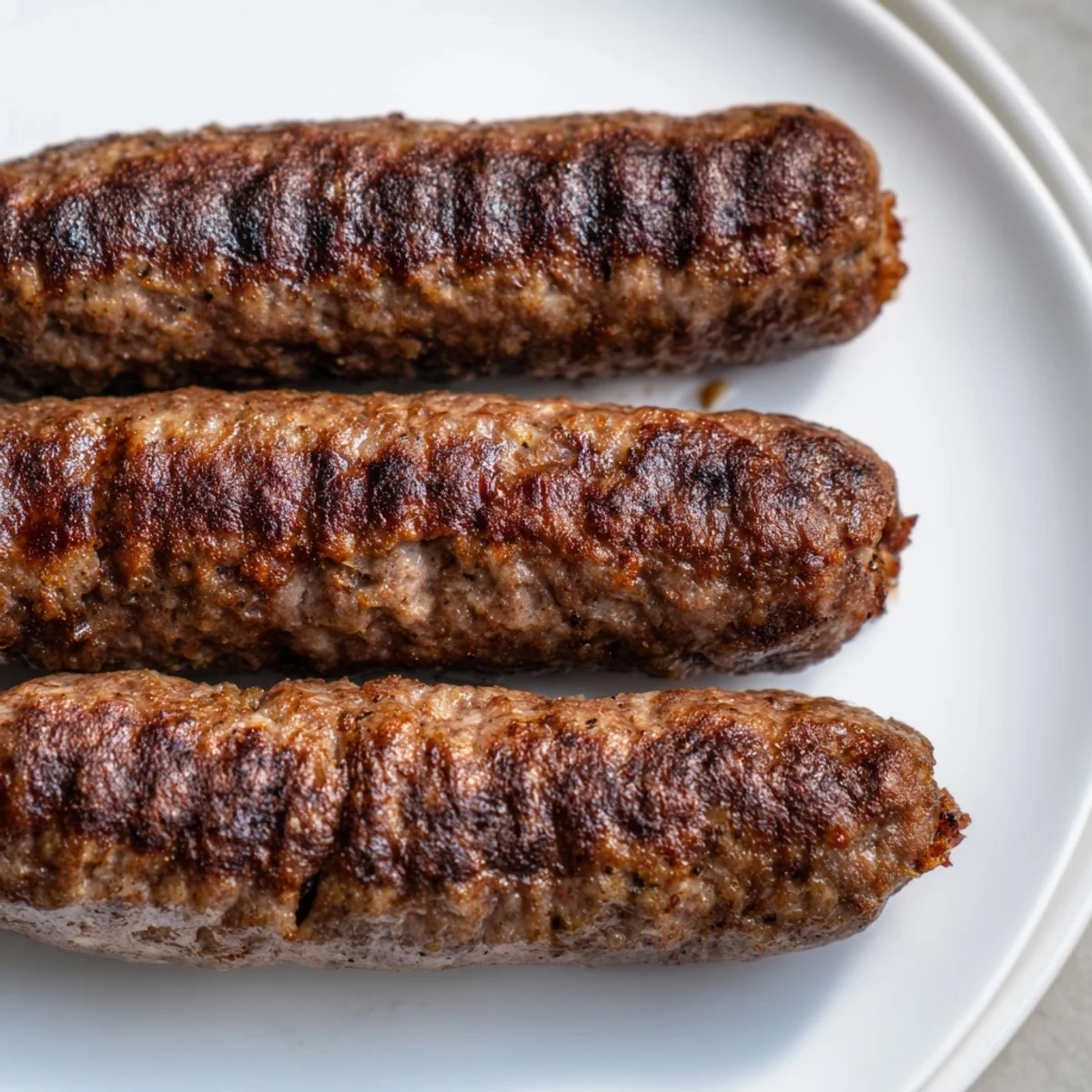 Grilled Romanian mici sausages, browned and sizzling, ready to serve with mustard and bread.