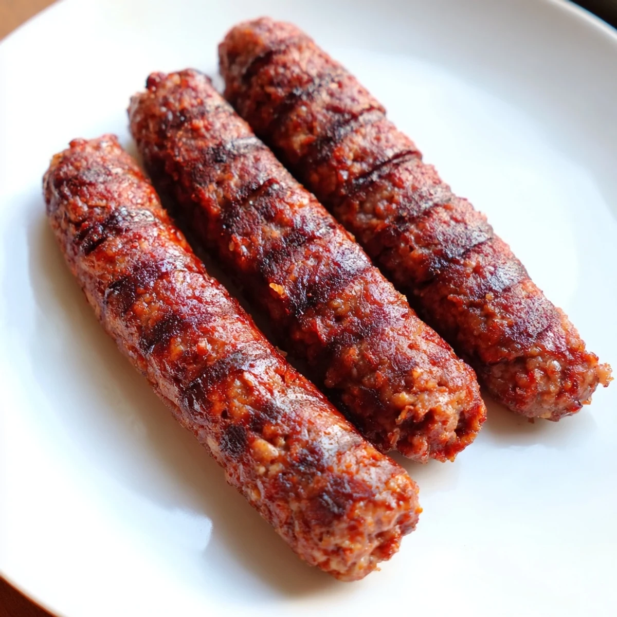 Close-up of freshly grilled Romanian mici, showing a juicy interior and crispy exterior.