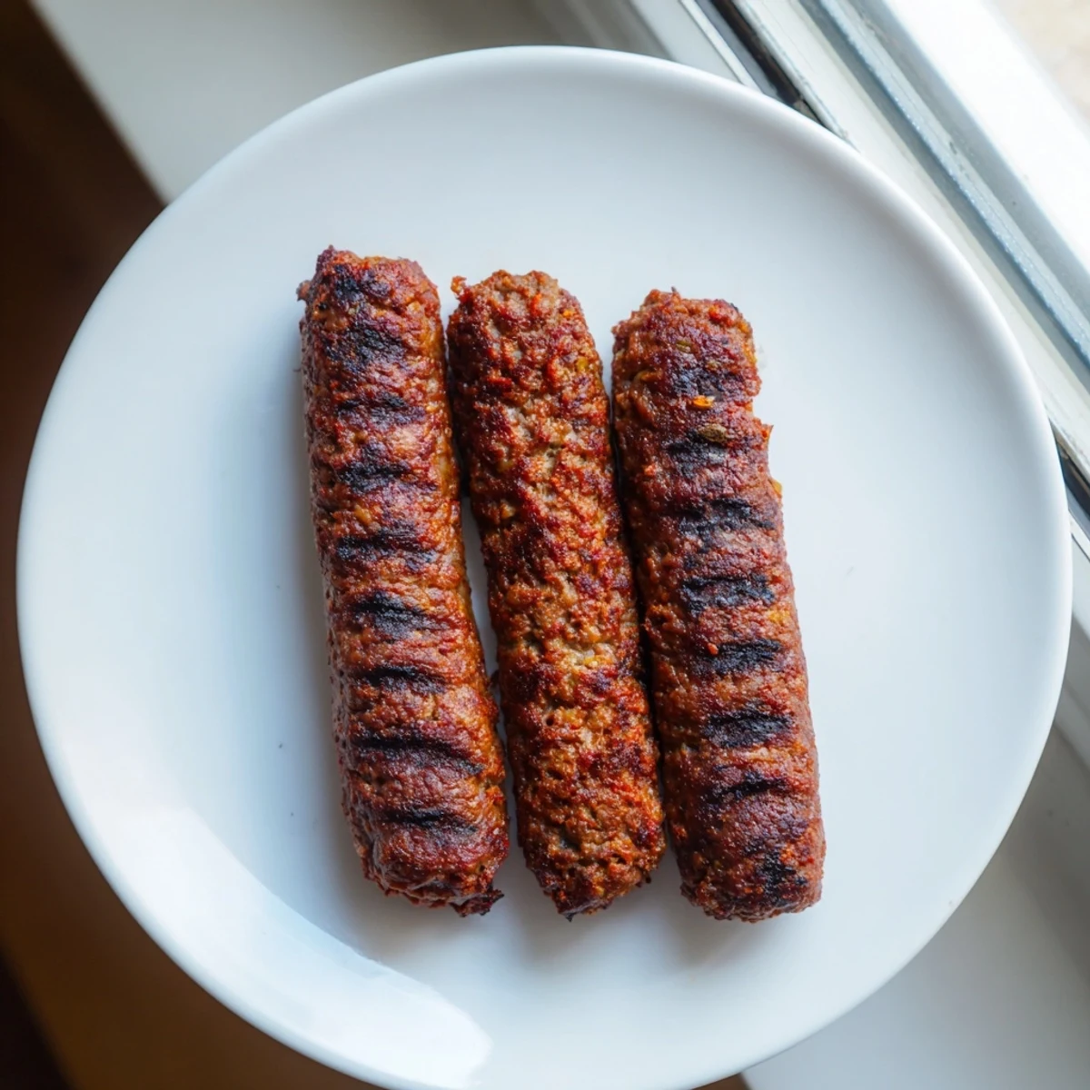 Plateful of delicious Romanian mici sausages, perfect for grilling, with aromatic spices, ready to eat.