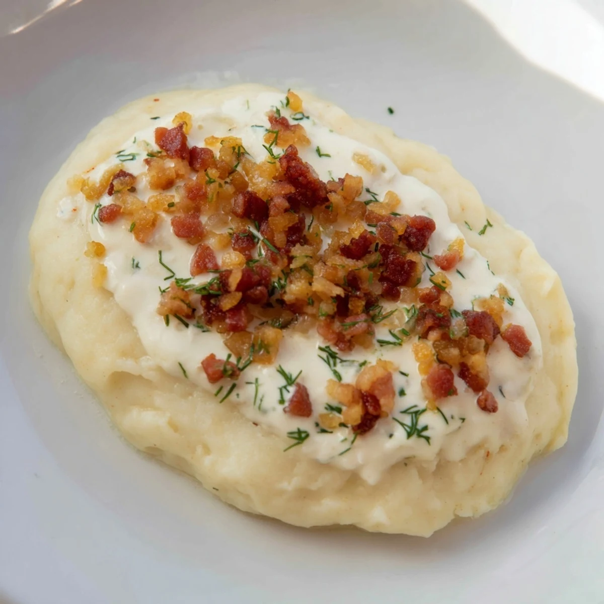 A close-up of hearty Cepelinai, showing tender potato dumplings and a rich bacon-sour cream topping.