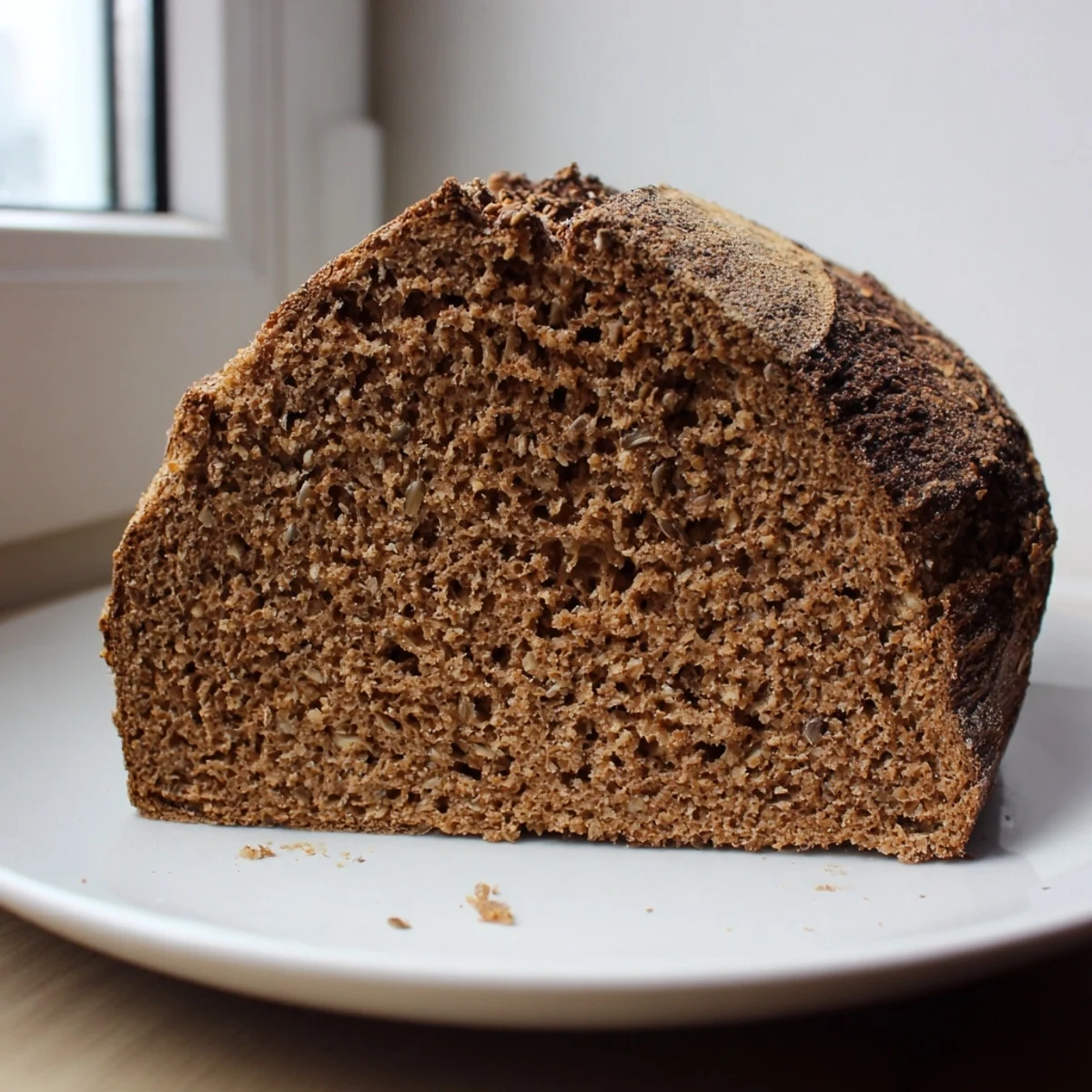 Warm Latvian Rupjmaize bread freshly baked with a dark, crusty exterior and visible caraway seeds.